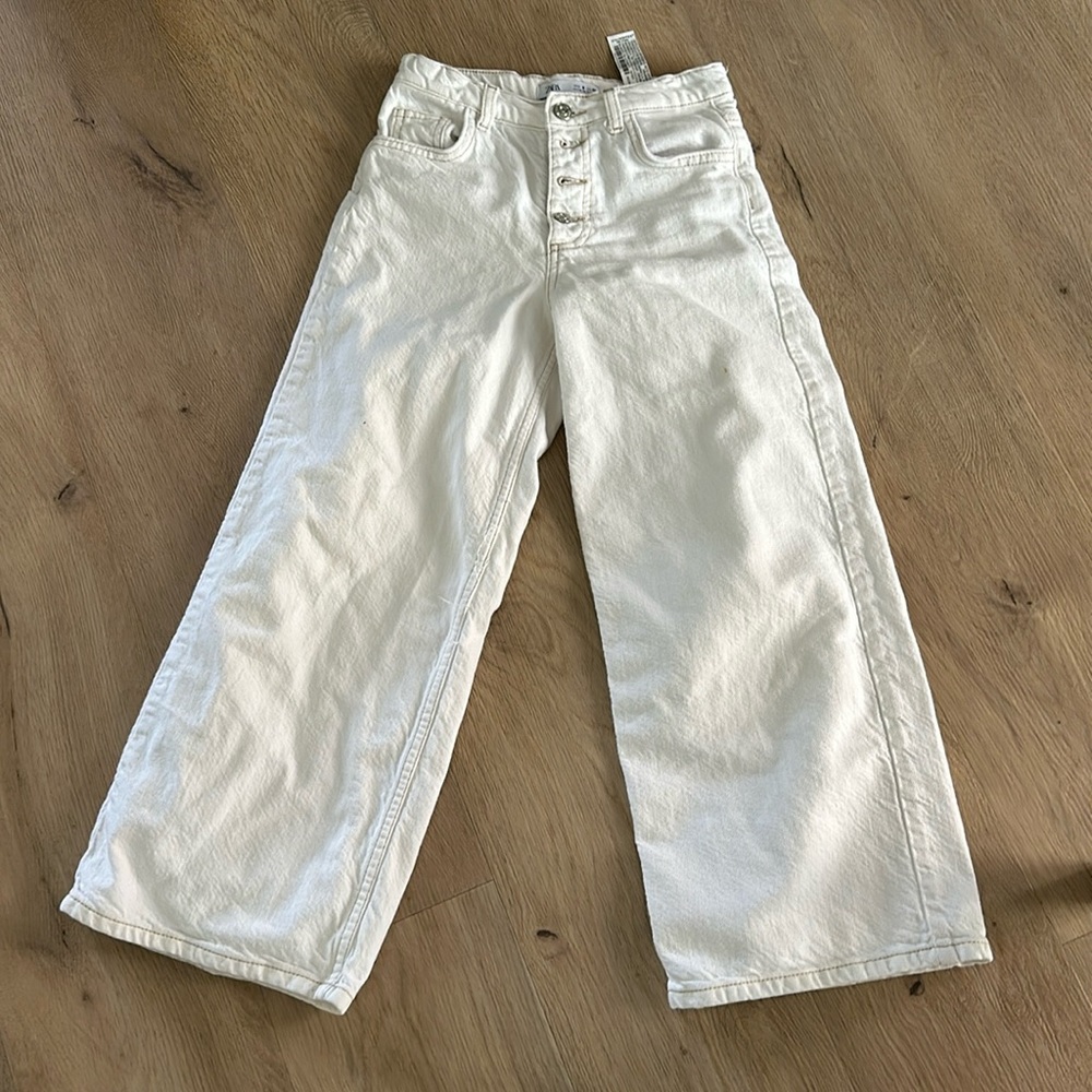 Zara cream brow stitching wide leg jeans
